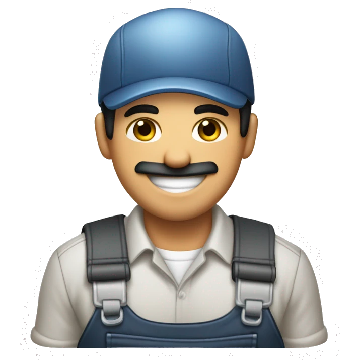 Create an emoji of a guy in work clothes (mechanic) with black hair, he is happy and showing his license on his hand emoji