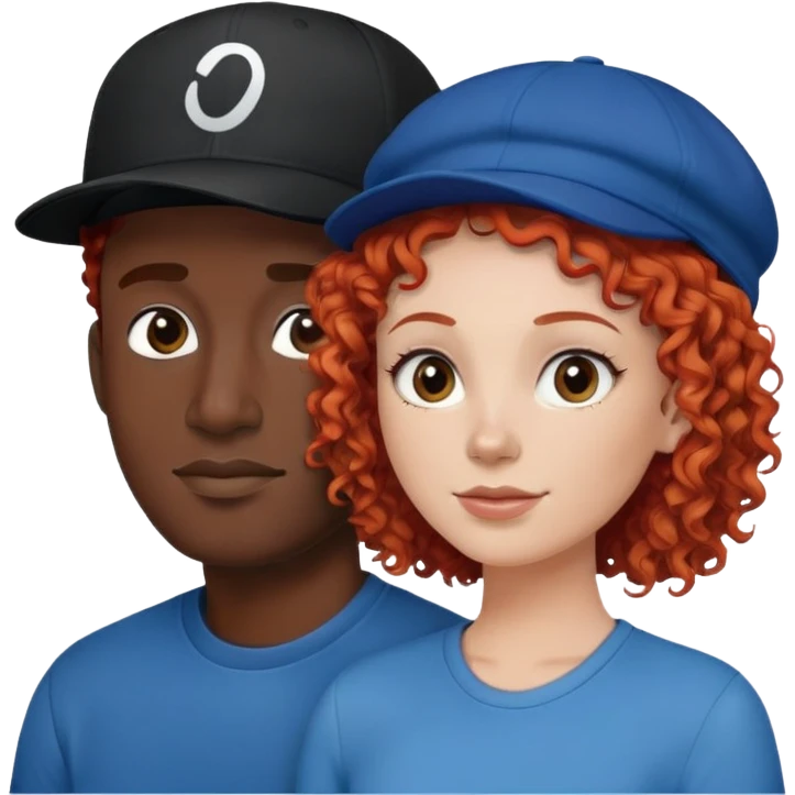 a couple a white woman with red curly hair and a black man in a blue shirt and black cap emoji