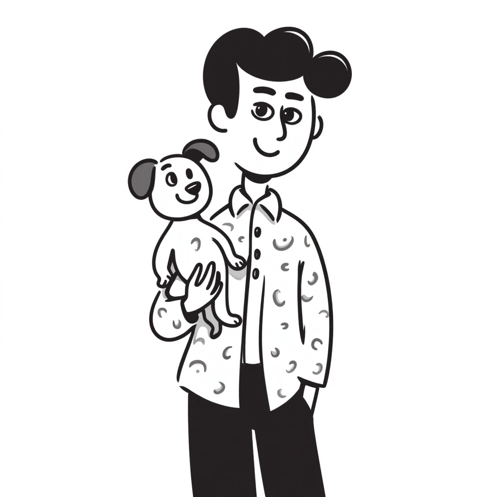 Mexican man with black hair and brown eyes wearing a shirt and black pants, holding a small white dog with one brown ear emoji