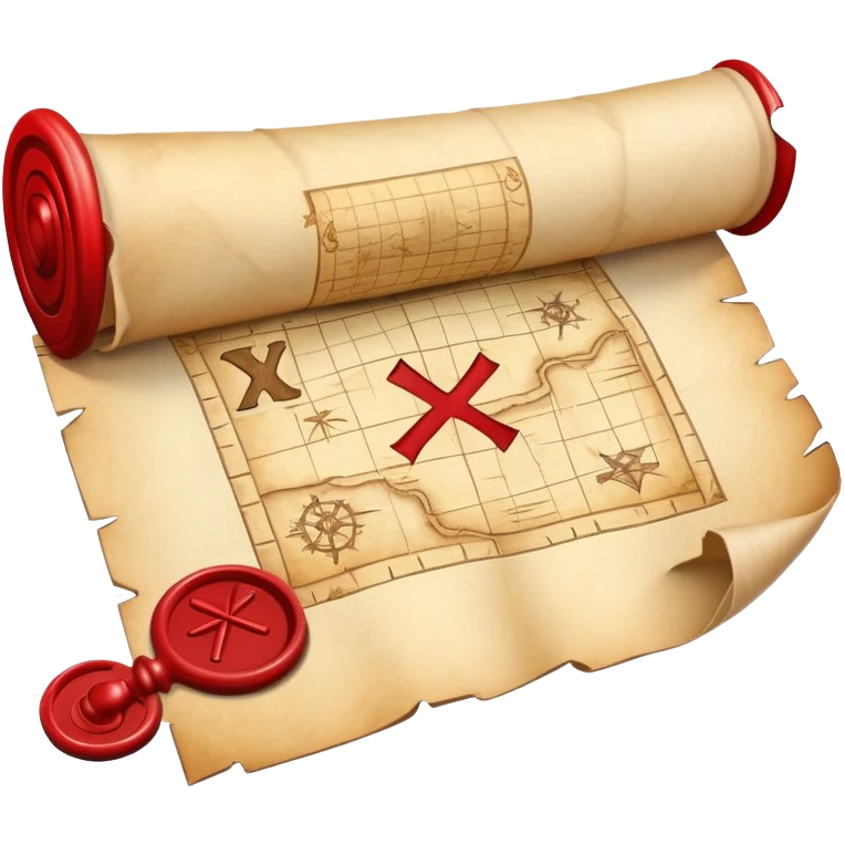 A rolled up treasure map with red wax seal, partially unfolded showing an X emoji