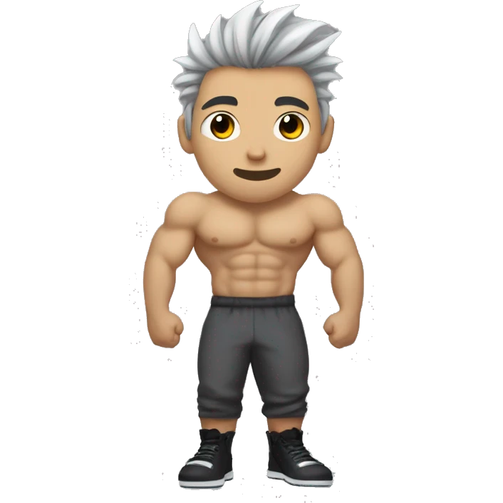 generate me an emoji that looks like a very bulky japanese bodybuilder with a scar on the left side of his lips, black spiky hair and eyes, a black slim fit  t-shirt and long baggy light grey japanese pants and black shoes emoji