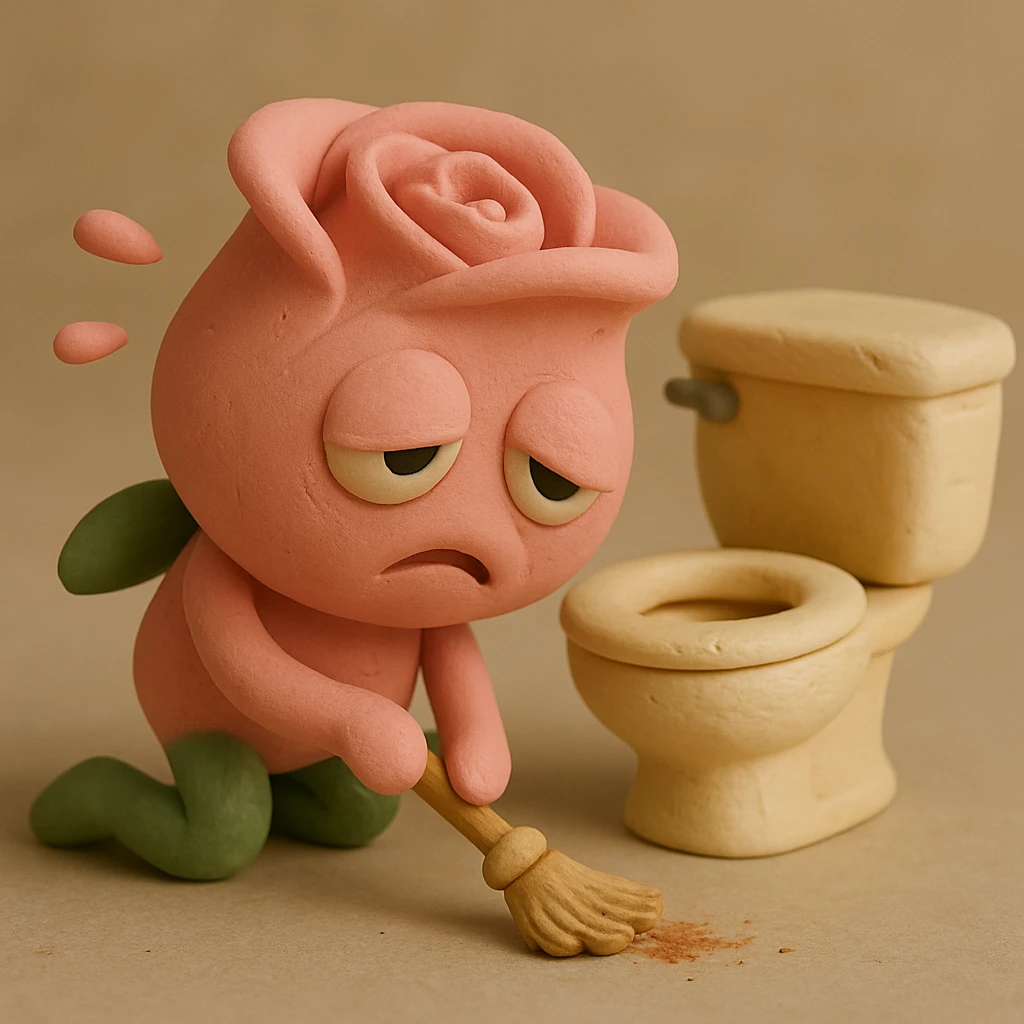 Adjust so both hands match in color, keeping the same claymation style, soft pink rose flower character with droopy eyes, exhausted face, slumped posture, sweeping with a tiny broom. All other details stay the same. emoji