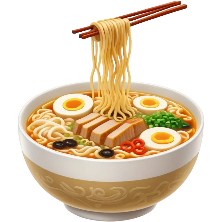 Cinematic Realistic Ramen Dish Emoji, showcasing a steaming bowl of rich broth with noodles and toppings rendered with dynamic textures and inviting, warm lighting. emoji