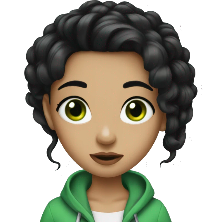 A girl with black hair green eyes and a lot of piercings  emoji