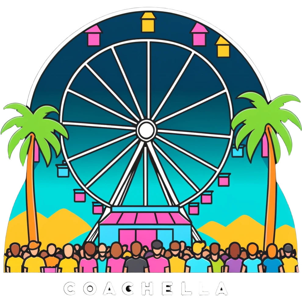 crowd at Coachella music festival with ferris wheel and palm trees emoji
