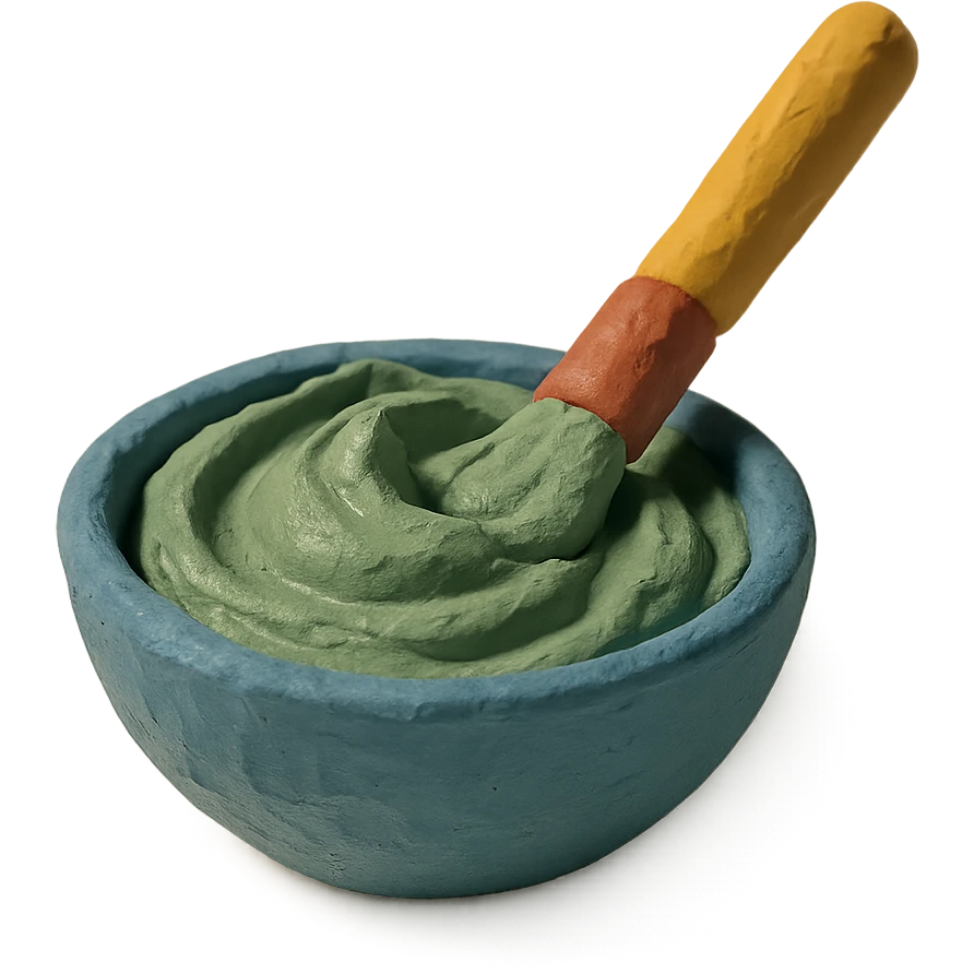 a bowl of clay mask with a brush, claymation style emoji