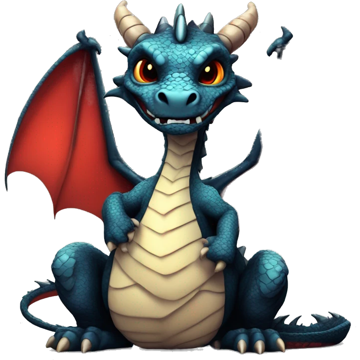 dragon siting with black scales and Scarlet markings 2 black horns waving his claw in drawn anime style. vibrant colors. slight smirk and tilted head red membrane on the wings detailed scales, and eyes emoji