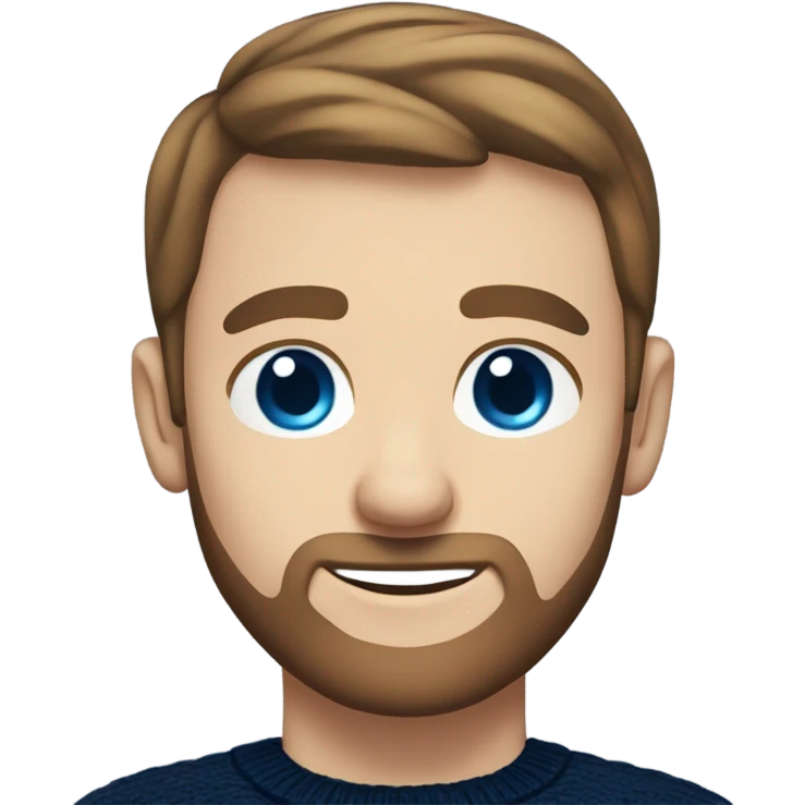 irish man blue eyes, brown short receding hair and short beard, wearing a smart navy blue jumper. emoji