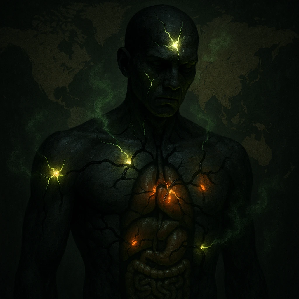 semi-realistic, high contrast human figure, black worm-like forms radiate to organs, glowing cracks, green mist, world map, focus on cracks as parasite entry points emoji