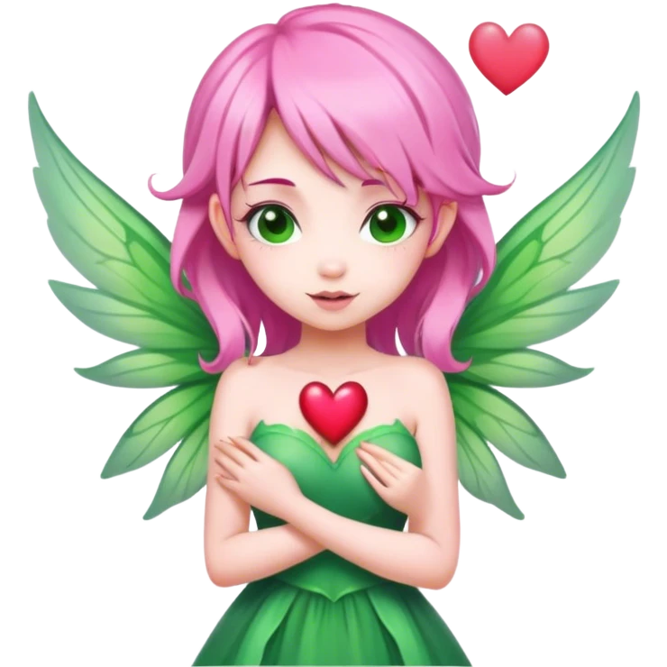 pink hair, pink wing fairy in green dress heart emoji