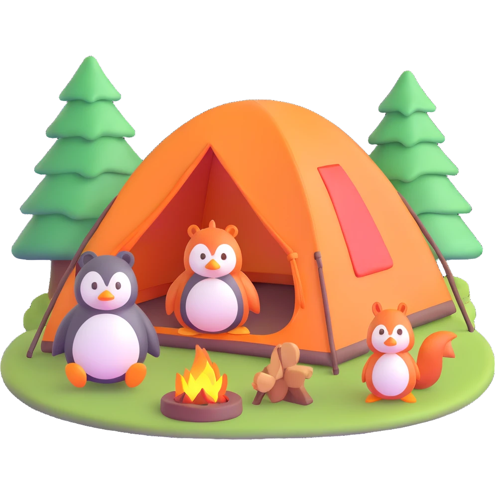 Pinguin und Eichhörnchen beim Campen, 3D Emoji Stil, Zelt im Hintergrund emoji