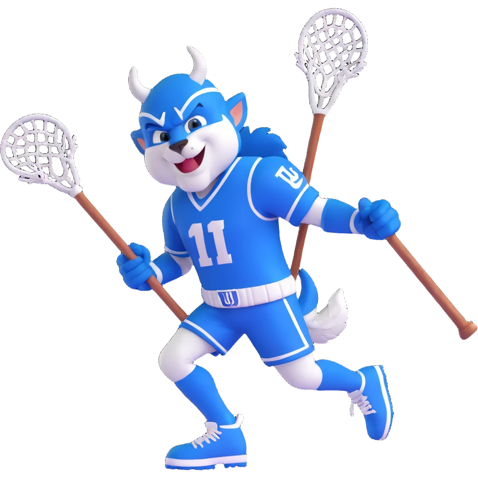 Duke Blue Devil mascot playing lacrosse, energetic pose, blue and white uniform, holding a lacrosse stick, dynamic action, bold and sporty emoji