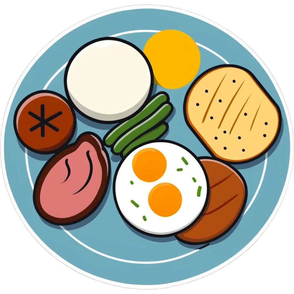 A colorful plate with protein foods: meat, egg, beans, tofu, and yogurt served together. emoji