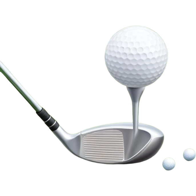 A golf ball on a tee with a golf club placed beside it, set against the backdrop of a well-manicured green golf course. The scene emphasizes the equipment and serene atmosphere of the sport, with soft lighting and a peaceful, open landscape emoji