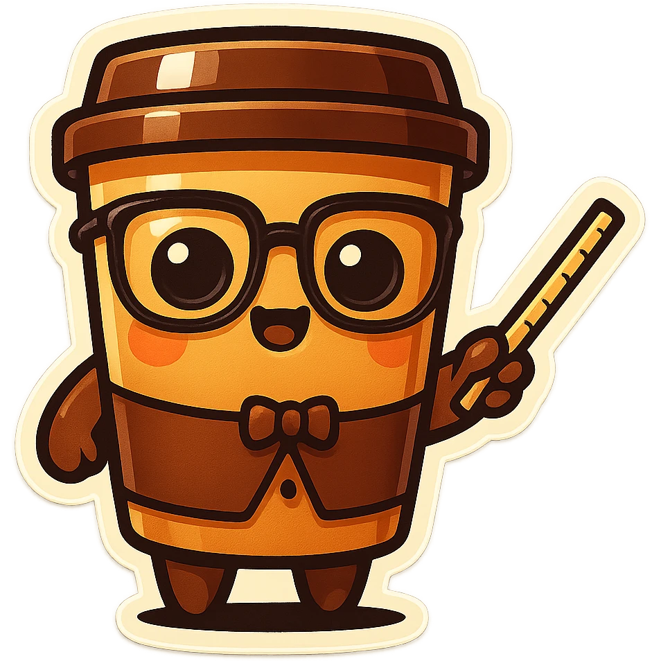 Tall coffee cup, pointing with ruler, dressed as a teacher emoji