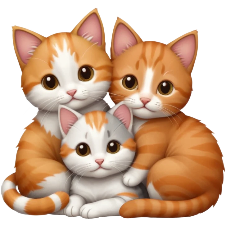 3 tiny kittens cuddling together all different colours, the first one is grey and white, the second is ginger and white and the third is brown tabby and white emoji