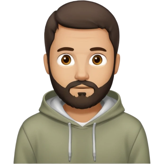 Uomo adulto con la barba capello moro occhi marroni metà busto e vestito con una felpa grigia e maglietta bianca emoji