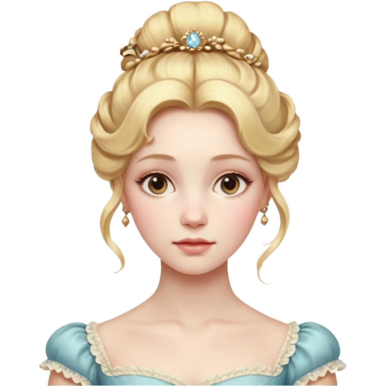 Cinematic Realistic Rococo Portrait, depicted with lifelike skin texture, subtle rosy undertones, and soft natural lighting that enhances the gentle contours of her face. Her intricately detailed golden blonde hair is elegantly styled in an updo, emoji