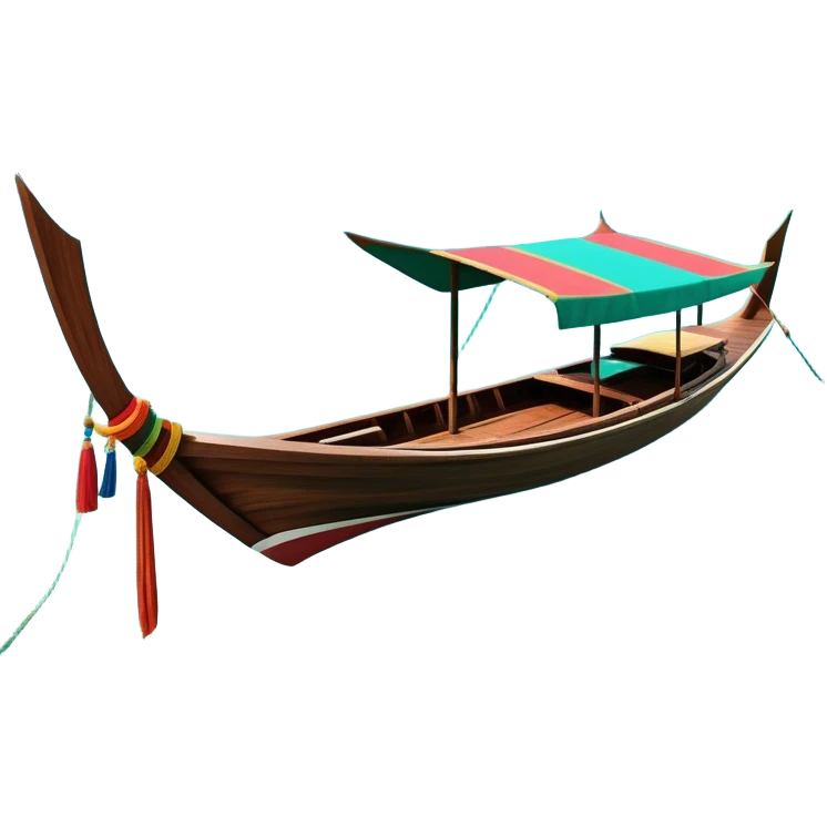 ​Cinematic Realistic Authentic Thai Longtail Boat, depicted as a traditional wooden longtail boat with a sleek, elongated hull and a brightly painted canopy, its long tail fin cutting gracefully through turquoise waters under a clear tropical sky, rendered with vibrant textures and dynamic natural lighting that captures its rustic charm and cultural heritage, emoji