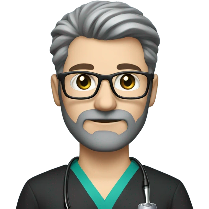 male dark blond with grey beard doctor with blue-green eyes and wire glasses in black scrubs holding a paintbrush emoji