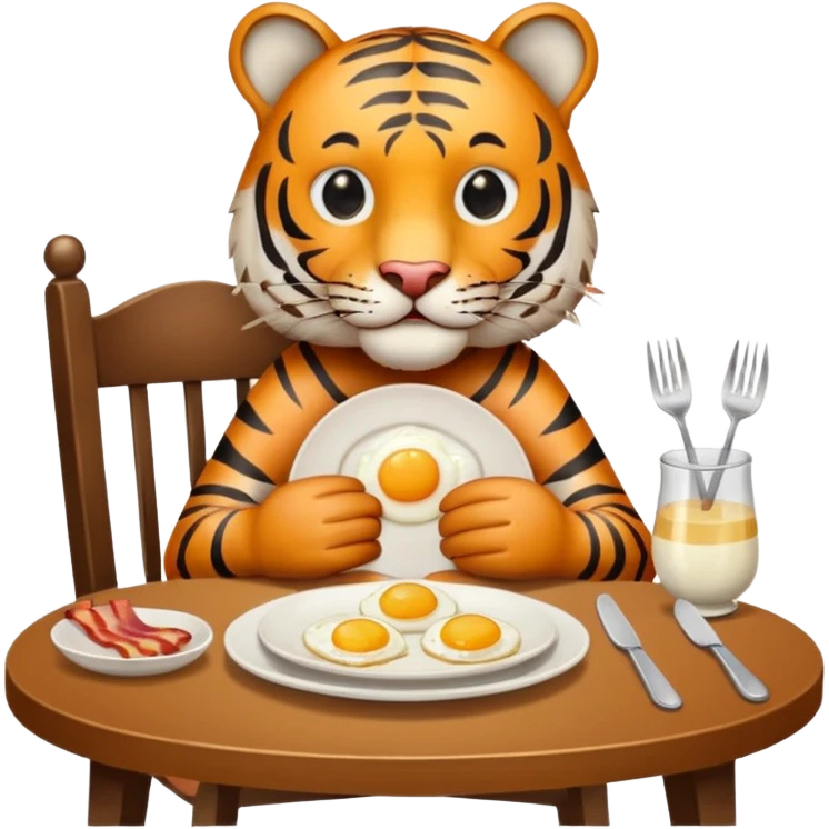 Tiger sitting by a table on a chair with a plate of 2 eggs and bacon in front of him on the table place setting emoji
