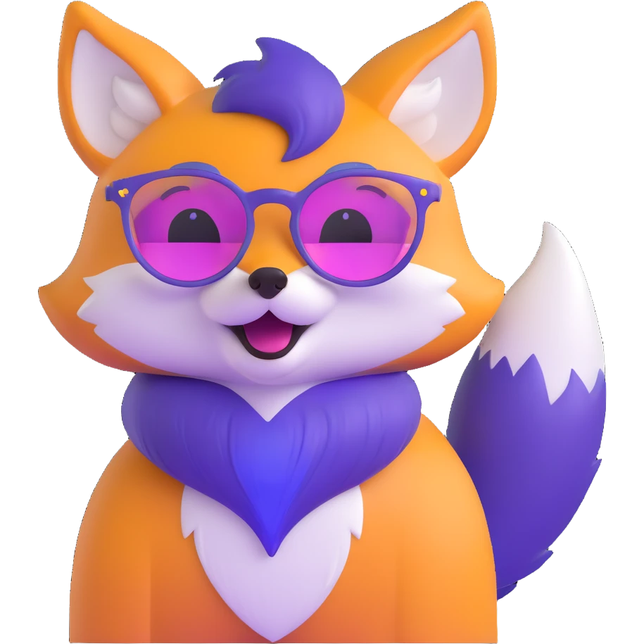 A magical fox with shimmering purple and blue fur, a glowing tail, a silver star on its forehead, and round glasses, laughing so hard that tears are streaming from its eyes emoji