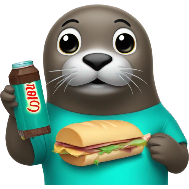 teal seal eating a sandwich with a bottle of soda and a chocolate bar emoji