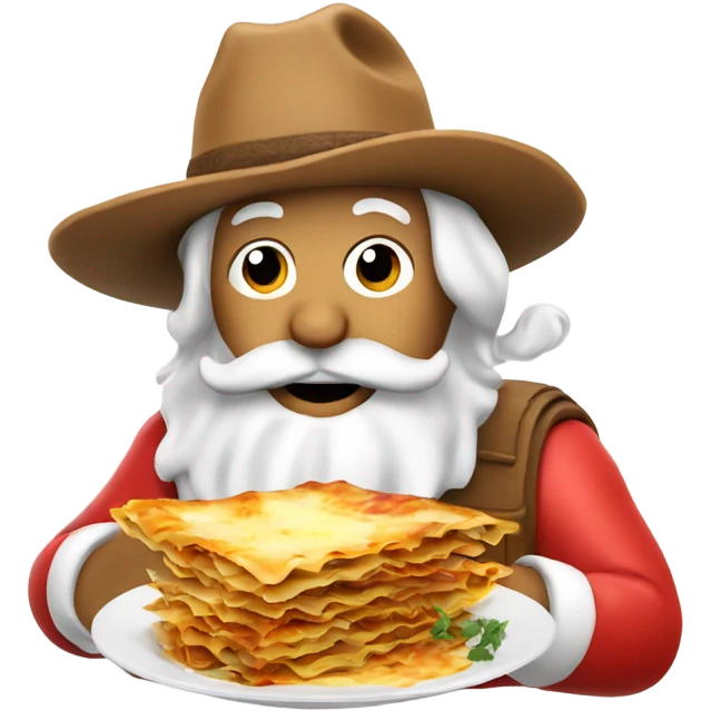Santa with cowboy hat eating lasagne emoji