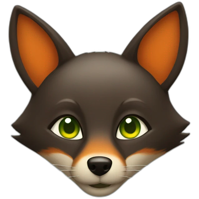 a small dark brown fox with orange eyes with a dark green hood that smile emoji