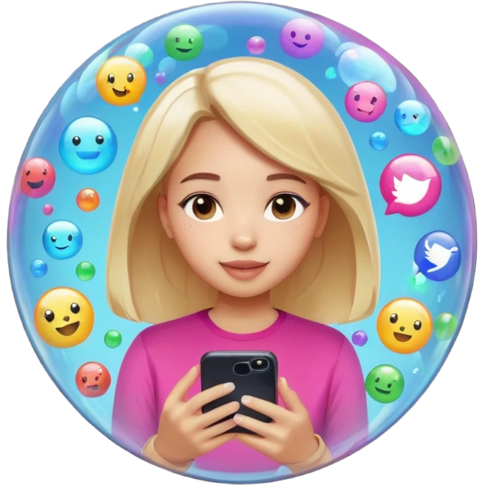 a girl inisde a buble watching her phone and put apps floading around do tik tok instagram and snapcjat emoji