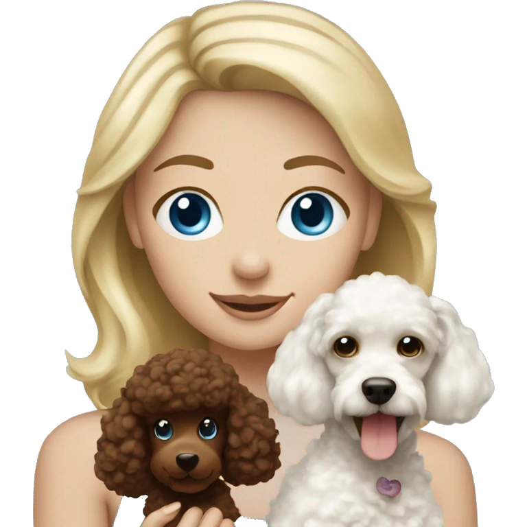 Blonde girl with blue eyes holding a chocolate brown and white poodle  emoji