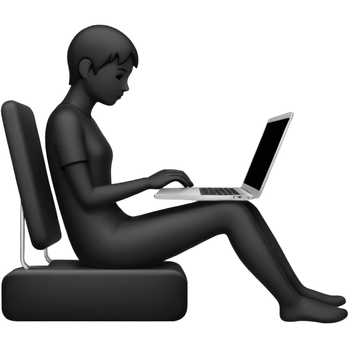 Minimalistic flat vector icon, iOS style, thin black contour on white background. Person silhouette sitting with a laptop, code brackets <> on the screen. Clean, no te emoji