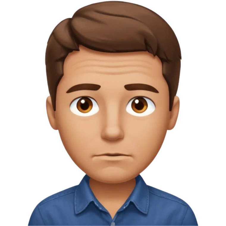 create an emoji of a man with wrinkles, oval face. he has an American look, messy brown hair, brown eyes, very slightly tanned skin, natural lips. he wears a short sleeve dark blue buttoned shirt emoji
