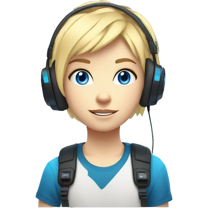 Blonde Short hair Gamer kid flat nose thin eyebrows with blue eyes with headset and gamepad with neon Lighting emoji