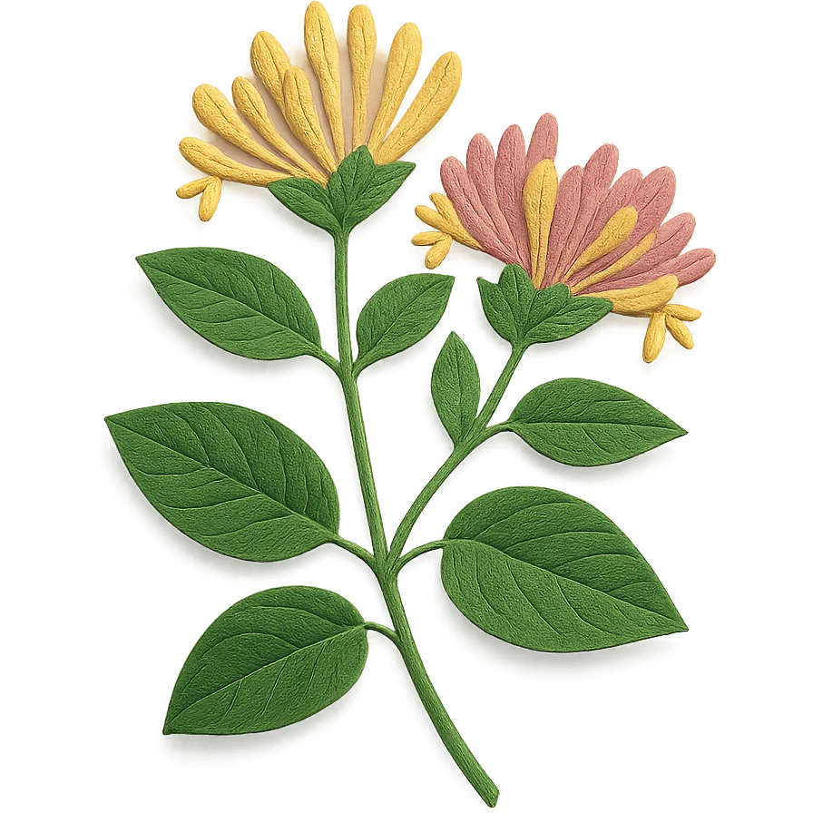 very detailed honeysuckle plant, intricate cut paper textures, green leaves, clusters of tubular yellow and pink flowers, realistic details emoji
