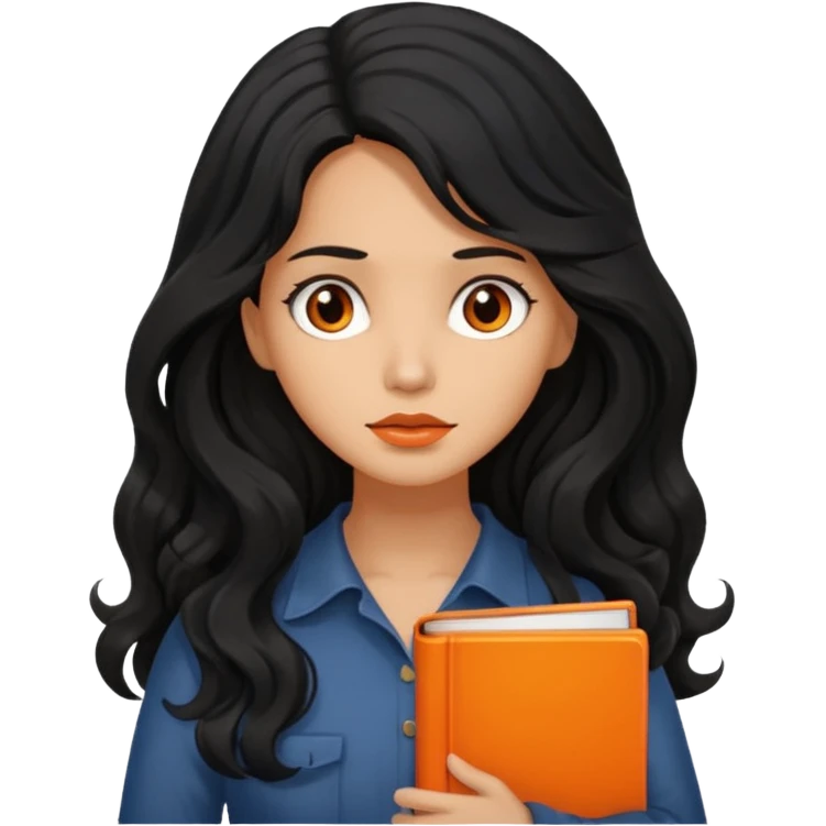 Long Hair Women with orrange Book, Black wavy hair, sad

 emoji