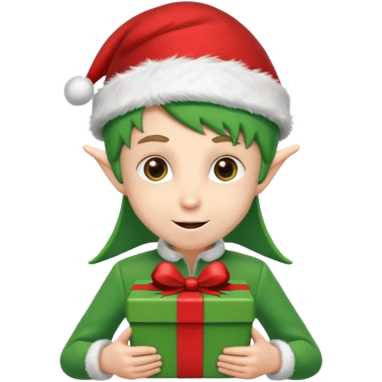 elf wearing a santa hat holidng a xmas present make his unfiorm green adn red emoji