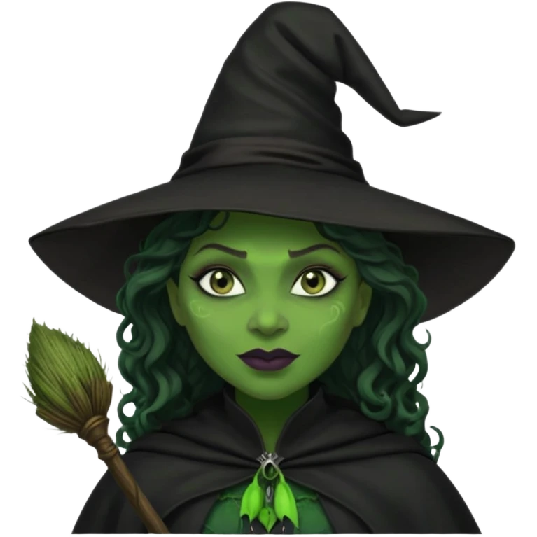 elphaba wicked witch with broom close up, evil dark curly long dark hair, green skin, thick green lips, cheekbones, smirk evil menacing cythia erivo dark aesthetic black hat cloak black broom emoji
