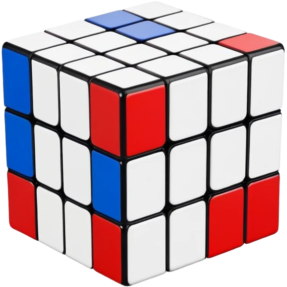 A partially solved 3x3 Rubik's Cube with only blue, red, and white colors, simple clean iOS emoji style emoji