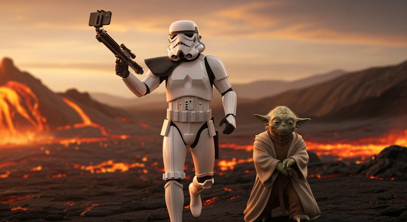 Starwars stormtroopers vlogging selfie, he is walking on lava planet with yoda emoji