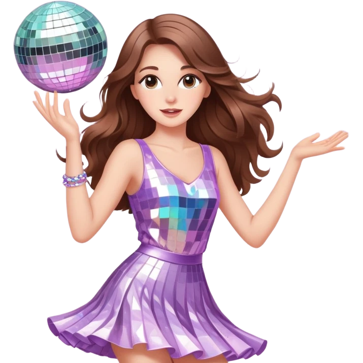 Girl with long brown hair  white girl dancing like nobody’s watching, cute elegant quirky  discoball in background pastel  emoji