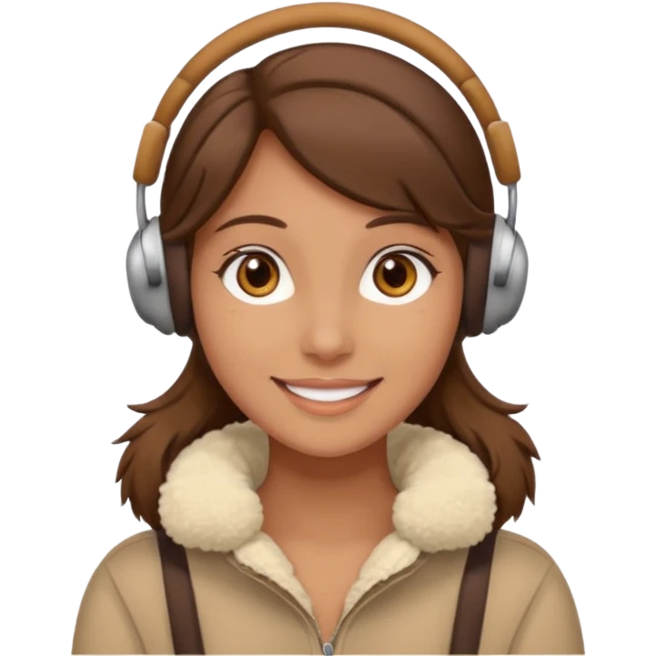 A girl wearing beige ear muffs, tan skin, brown hair, brown eyes smiling emoji