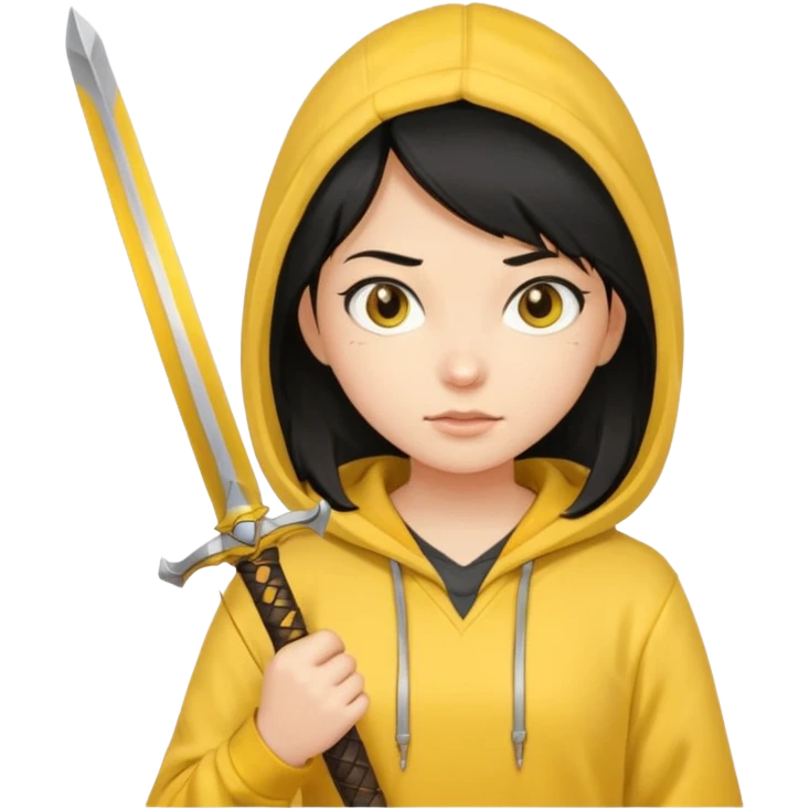 black haired girl holding sword and wearing yellow hoodie emoji