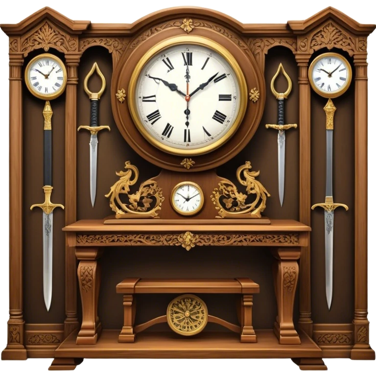 Icon for Antiques Collecting: a vintage clock, intricately carved furniture, famous paintings, antique swords, and rifles. The items are displayed on a wooden table or shelf. The icon should evoke the rich history and craftsmanship of antique collecting. Transparent background. emoji
