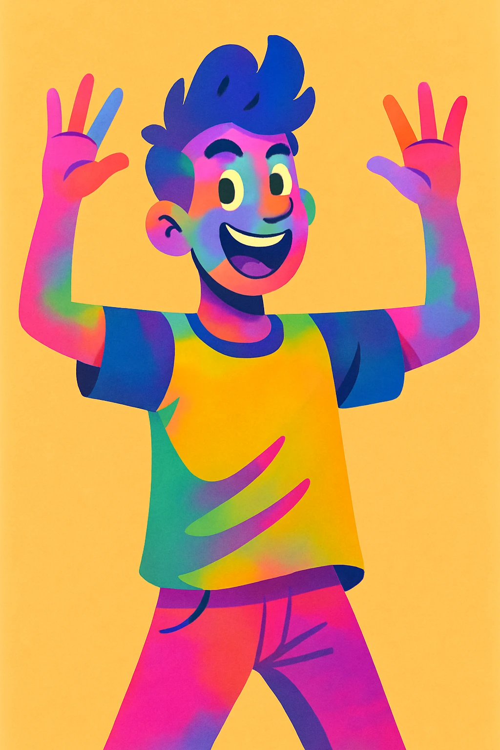 Make the man's skin colorful, with vibrant, lively hues and a playful, artistic look, keeping the energetic style and expression. emoji