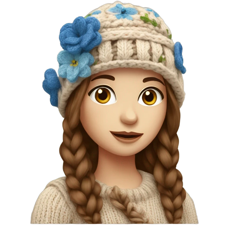 beautiful finnish brown hair woman with blue eyes knitting floral hat emoji