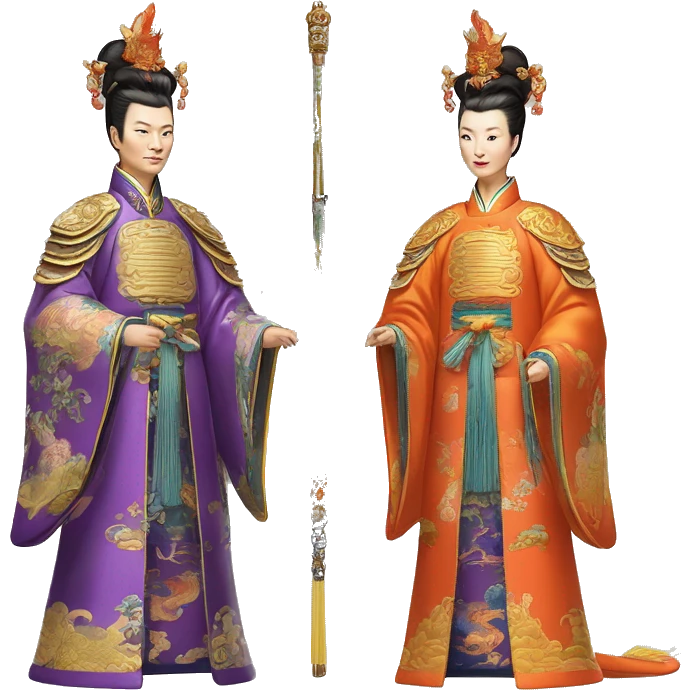 Qianlong, Qing dynasty's emperor, is recognized by his majestic attire: dragon-adorned imperial robes, a court headdress, and a ceremonial scepter. 🐉👑 emoji