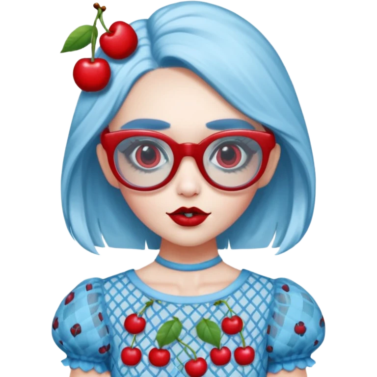 Ghoulia yelps monster high doll in scene/emo style cherry print dress with fishnet sleeves, clothes, thin, small, red, rectangle glasses, pale white-blue skin emoji