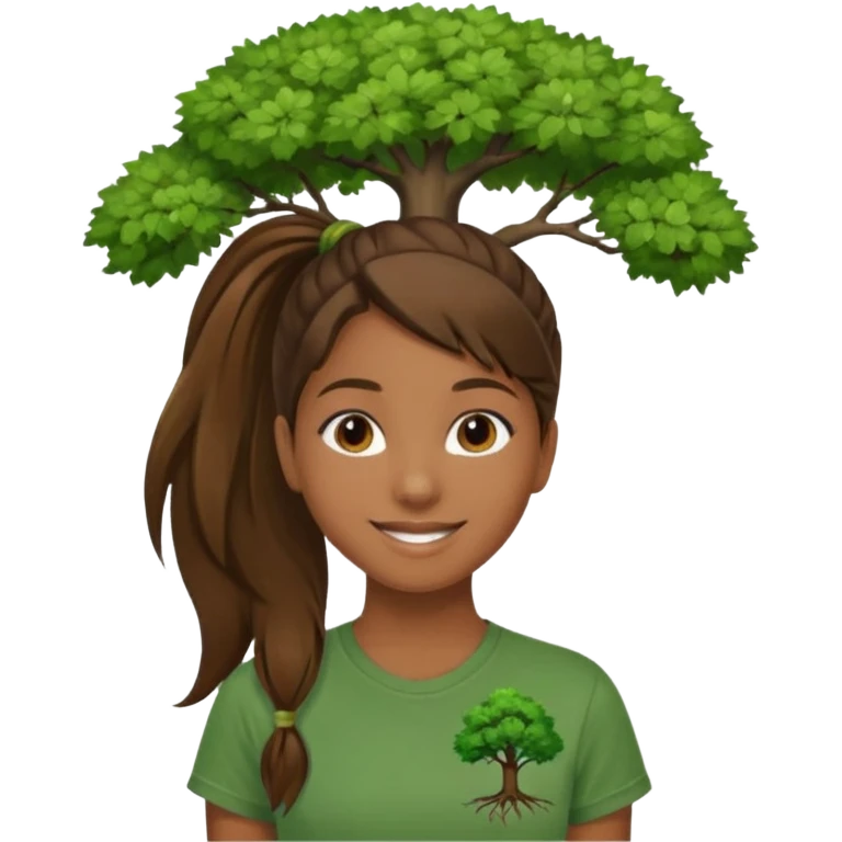 Make a zumba coach emoji, brown eyes, brown hair girl, green shirt withe "the roots" on it, longer pony tail hair, add the tree logo for the roots emoji