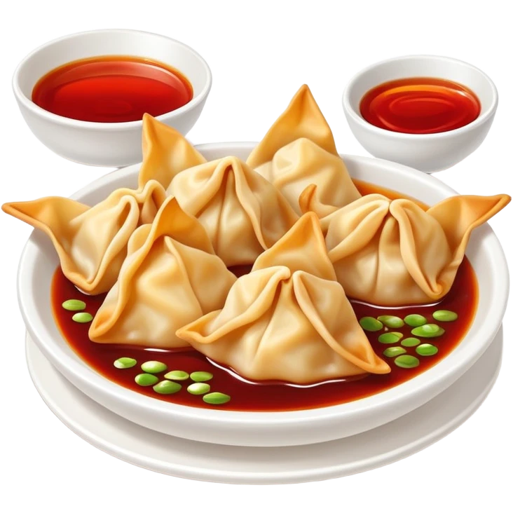 Chengdu Long Chaoshou wonton with red oil sauce on top, simplified emoji style with bold outlines and bright colors, cartoon style Sichuan style wontons emoji
